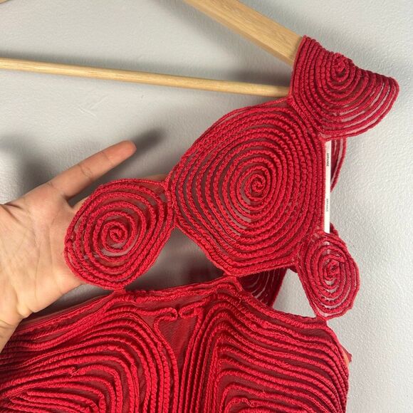 ARRANGE Embroidered Cornelli One Shoulder Red Midi Dress - Picture 6 of 11